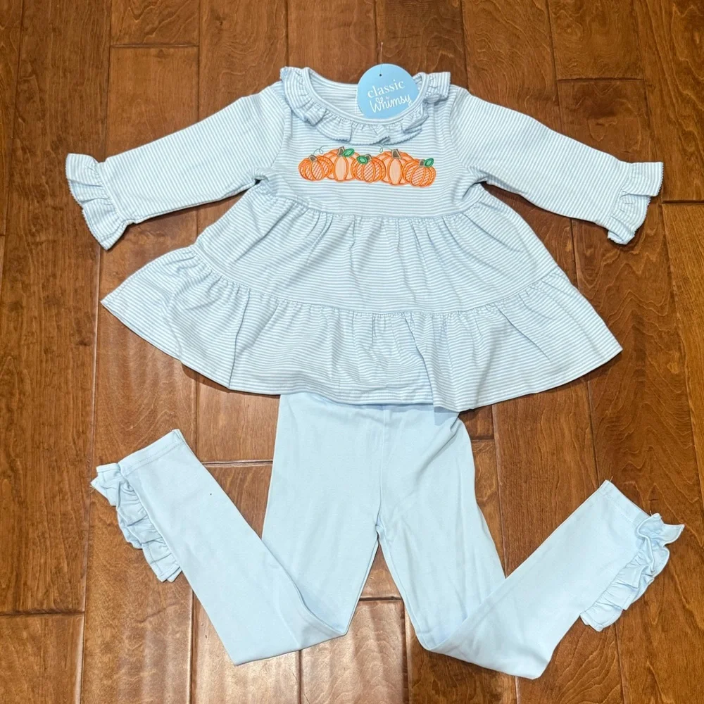 NWT Size 6 Classic Whimsy Blue Stripped Pumpkin Legging Set